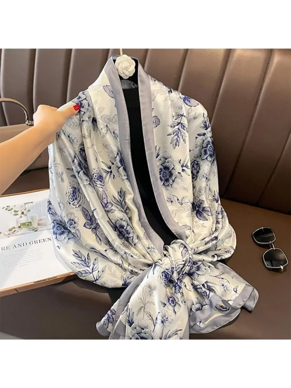 Women's Blue Lightweight Silk Like Scarves Flower Print Head Cotton Wrap Scarf